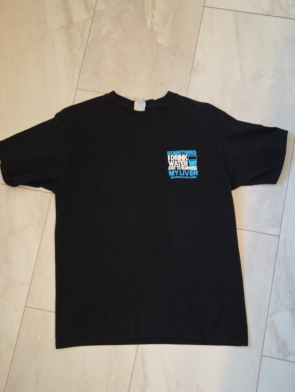 Black Graphic Crewneck T-Shirt - Sometimes I Drink Water Design